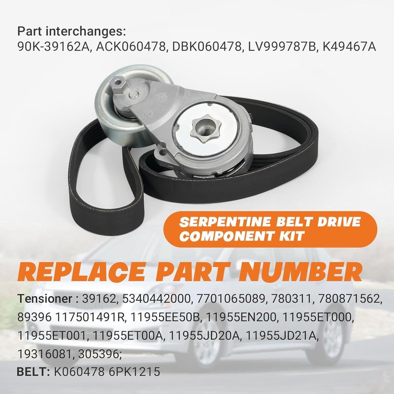 Dilomber 90K-39162A Serpentine Belt Drive Tensioner Component Kit Fit for Nissan Sentra 2.0L L4 DOHC, 2007-2012 Replace# Belt Tensioner 39162 11955JD20A 305396 89396, Serpentine Belt K060478 6PK1215 - Image 2